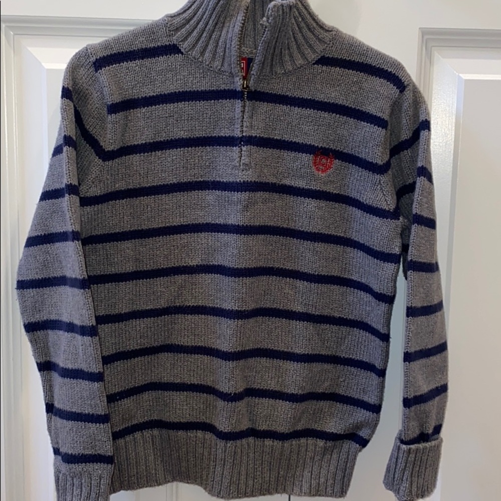 Chaps 1/4 zip Sweater. Gray/navy stripes. Size 7.